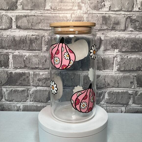 Fall pink pumpkins New handmade UVDTF Glass Cup, Bamboo Lid & Straw 16‎ oz - Picture 7 of 10